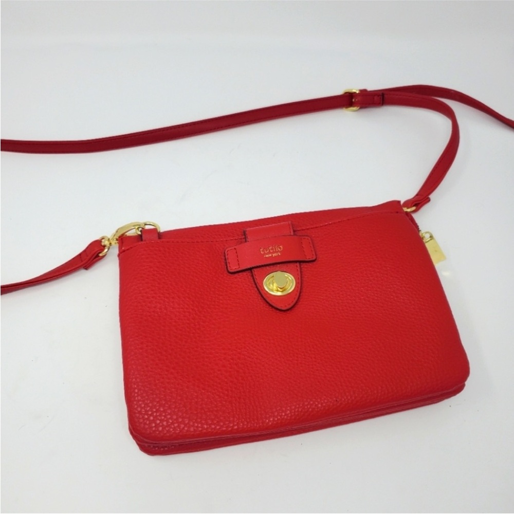 TUTILO New York Red Faux Leather Crossbody Bag With Gold Accents Like New! - Picture 2 of 8